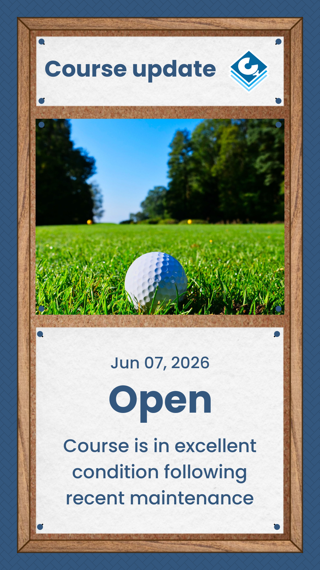 Example pinboard image showing a golf course update.