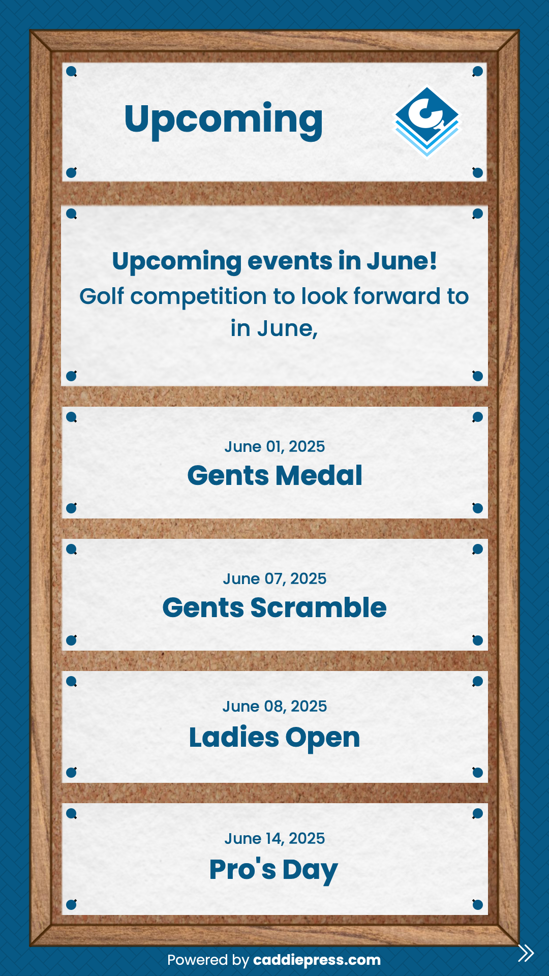 Example pinboard image showing upcoming events.