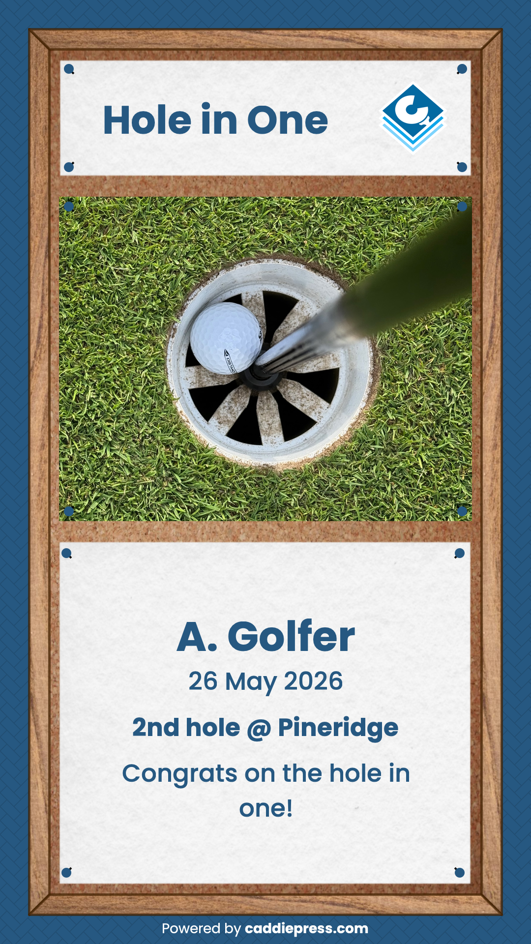Example pinboard image celebrating a hole in one.