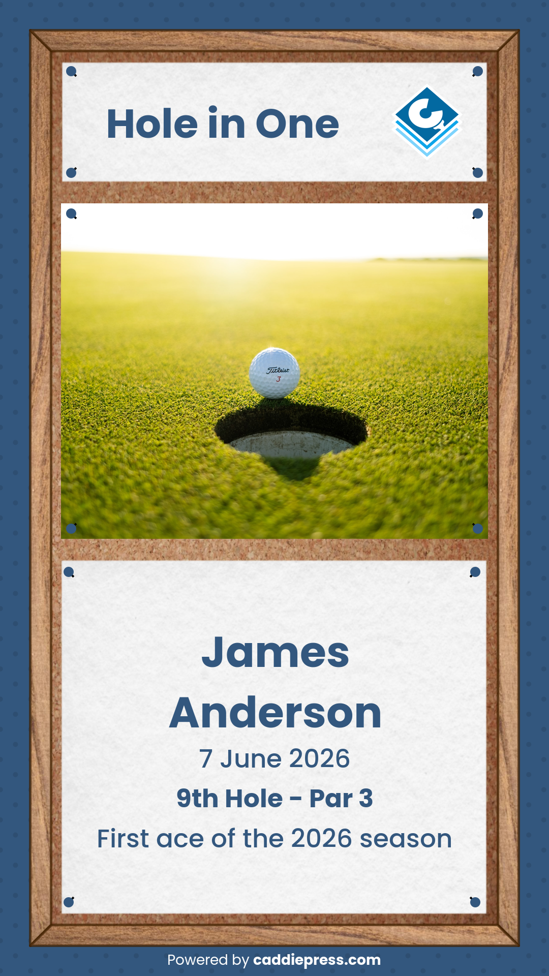 Example pinboard image celebrating a hole in one.