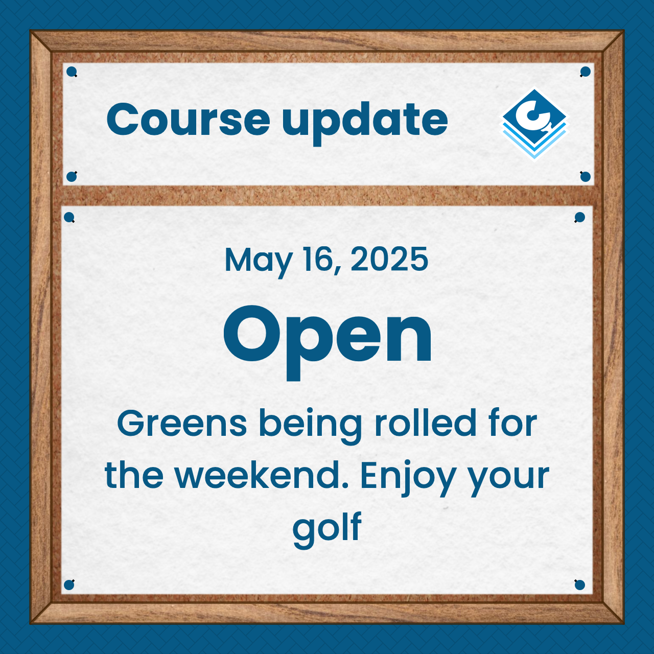 Example pinboard image showing a golf course update.